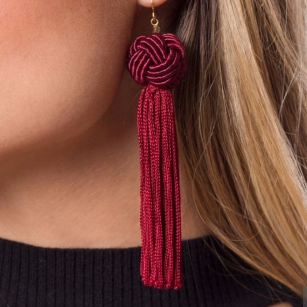 VANESSA MOONEY THE ASTRID KNOTTED TASSEL EARRINGS IN BURGUNDY